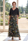 V-Neck Black A Line Floral Mum Of The Bride Dress with Cape sleeves