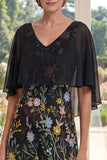 V-Neck Black A Line Floral Mum Of The Bride Dress with Cape sleeves