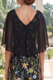 V-Neck Black A Line Floral Mum Of The Bride Dress with Cape sleeves