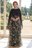 Black A Line Round Neck Floral Long Mum Of The Bride Dress with Cape Sleeves