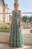 Green A Line V-Neck Floral Mum of the Bride Dress