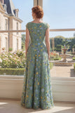 Green A Line V-Neck Floral Mum of the Bride Dress