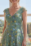 Green A Line V-Neck Floral Mum of the Bride Dress