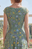 Green A Line V-Neck Floral Mum of the Bride Dress