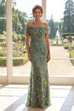 Green Mermaid Off The Shoulder Floral Long Mum Of The Bride Dress