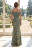 Green Mermaid Off The Shoulder Floral Long Mum Of The Bride Dress