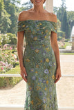 Green Mermaid Off The Shoulder Floral Long Mum Of The Bride Dress
