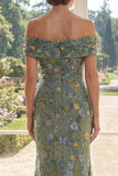 Green Mermaid Off The Shoulder Floral Long Mum Of The Bride Dress