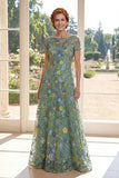 A Line Green Bateau Neck Appliqued Mum Of The Bride Dress with Short Sleeves