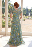 A Line Green Bateau Neck Appliqued Mum Of The Bride Dress with Short Sleeves