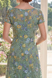 A Line Green Bateau Neck Appliqued Mum Of The Bride Dress with Short Sleeves