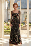 Mermaid Square Neck Black Floral Mum Of The Bride Dress with Long Sleeves