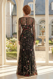 Mermaid Square Neck Black Floral Mum Of The Bride Dress with Long Sleeves
