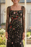 Mermaid Square Neck Black Floral Mum Of The Bride Dress with Long Sleeves
