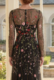Mermaid Square Neck Black Floral Mum Of The Bride Dress with Long Sleeves