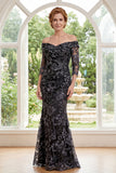 Off The Shoulder Mermaid Black Sequin Appliqued Mum Of The Bride Dress with 3/4 Sleeves