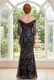 Off The Shoulder Mermaid Black Sequin Appliqued Mum Of The Bride Dress with 3/4 Sleeves