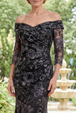 Off The Shoulder Mermaid Black Sequin Appliqued Mum Of The Bride Dress with 3/4 Sleeves