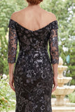 Off The Shoulder Mermaid Black Sequin Appliqued Mum Of The Bride Dress with 3/4 Sleeves