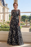 Illusion Neck Appliqued A Line Black Sequin Mum Of The Bride Dress with Half Sleeves