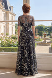 Illusion Neck Appliqued A Line Black Sequin Mum Of The Bride Dress with Half Sleeves