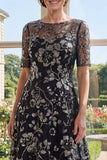 Illusion Neck Appliqued A Line Black Sequin Mum Of The Bride Dress with Half Sleeves