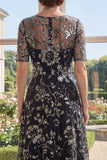 Illusion Neck Appliqued A Line Black Sequin Mum Of The Bride Dress with Half Sleeves