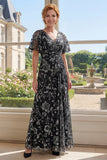 V-Neck Black Printed Floral A Line Mum Of The Bride Dress with Short Sleeves