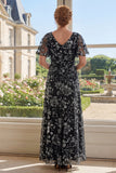 V-Neck Black Printed Floral A Line Mum Of The Bride Dress with Short Sleeves
