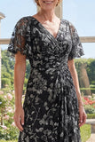 V-Neck Black Printed Floral A Line Mum Of The Bride Dress with Short Sleeves