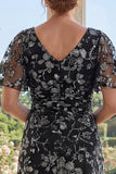 V-Neck Black Printed Floral A Line Mum Of The Bride Dress with Short Sleeves