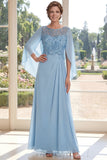 Light Blue Appliqued Chiffon Mum of The Bride Dress with Cape Sleeves
