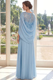 Light Blue Appliqued Chiffon Mum of The Bride Dress with Cape Sleeves