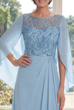 Light Blue Appliqued Chiffon Mum of The Bride Dress with Cape Sleeves