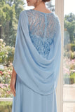 Light Blue Appliqued Chiffon Mum of The Bride Dress with Cape Sleeves