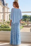 Light Blue Appliqued A Line Mum Of The Bride Dress with Cape Sleeves