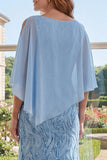 Light Blue Appliqued A Line Mum Of The Bride Dress with Cape Sleeves