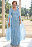 Mermaid V-Neck Light Blue Appliqued Long Mum Of The Bride Dress with Cape Sleeves