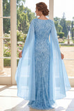 Mermaid V-Neck Light Blue Appliqued Long Mum Of The Bride Dress with Cape Sleeves