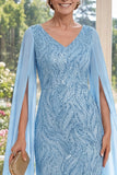 Mermaid V-Neck Light Blue Appliqued Long Mum Of The Bride Dress with Cape Sleeves