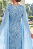 Mermaid V-Neck Light Blue Appliqued Long Mum Of The Bride Dress with Cape Sleeves