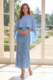 Sheath Appliqued Light Blue Mum Of The Bride Dress with Cape Sleeves