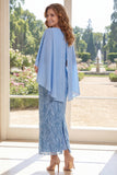 Sheath Appliqued Light Blue Mum Of The Bride Dress with Cape Sleeves