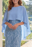 Sheath Appliqued Light Blue Mum Of The Bride Dress with Cape Sleeves