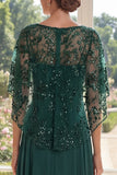 Dark Green Appliqued A Line Mum Of The Bride Dress with Cape Sleeves