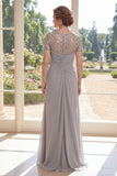 Grey Illusion Neck Sheath Sequin Mum Of The Bride Dress with Short Sleeves
