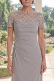 Grey Illusion Neck Sheath Sequin Mum Of The Bride Dress with Short Sleeves
