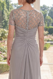 Grey Illusion Neck Sheath Sequin Mum Of The Bride Dress with Short Sleeves