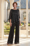 Black Ruffled Round Neck 2 Piece Mum Of The Outfit with 3/4 Sleeves