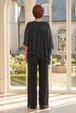 Black Ruffled Round Neck 2 Piece Mum Of The Outfit with 3/4 Sleeves